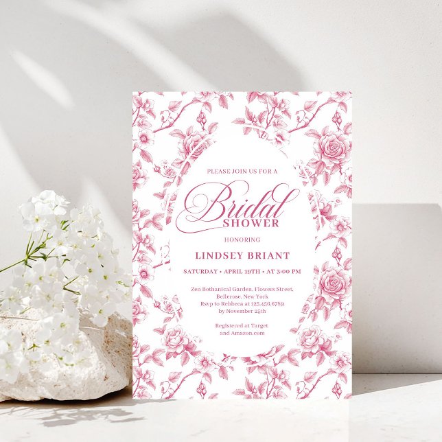 Rose Gold Rodnad Toile Rosor Blommig Bröllopsdusch Inbjudningar (Rose Gold Blush Toile Roses Floral Bridal Shower Invite)