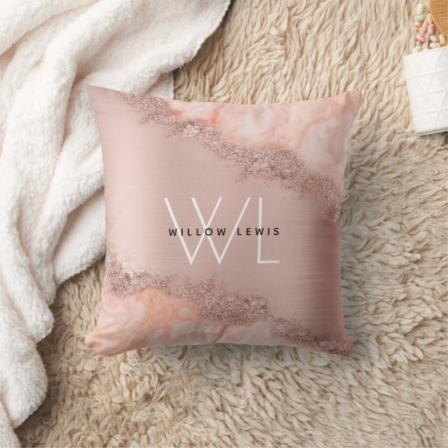 Rose Gold Rosa Agat Geod Glitter Monogram  Kudde (Filt)