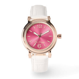 Rose Gold & Rosa "Be Happy" Ur med Vit Rem Armbandsur