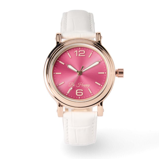 Rose Gold & Rosa "Be Happy" Ur med Vit Rem Armbandsur (Framsida)