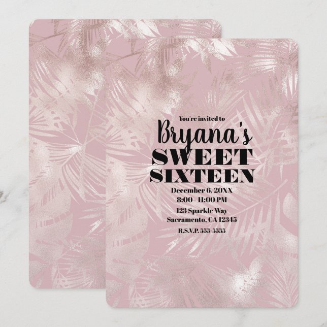 Rose Gold Rosa Botanisk Tropisk Palm Sweet 16 Inbjudningar (Fram/baksida)