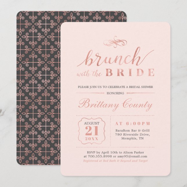 Rose Gold & Rosa | Elegant Bröllop Bridal Brunch Inbjudningar (Fram/baksida)