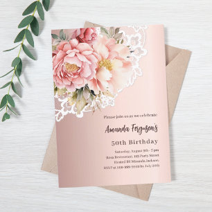 Rose gold-rosa florals lace 50-årsdagen inbjudningar
