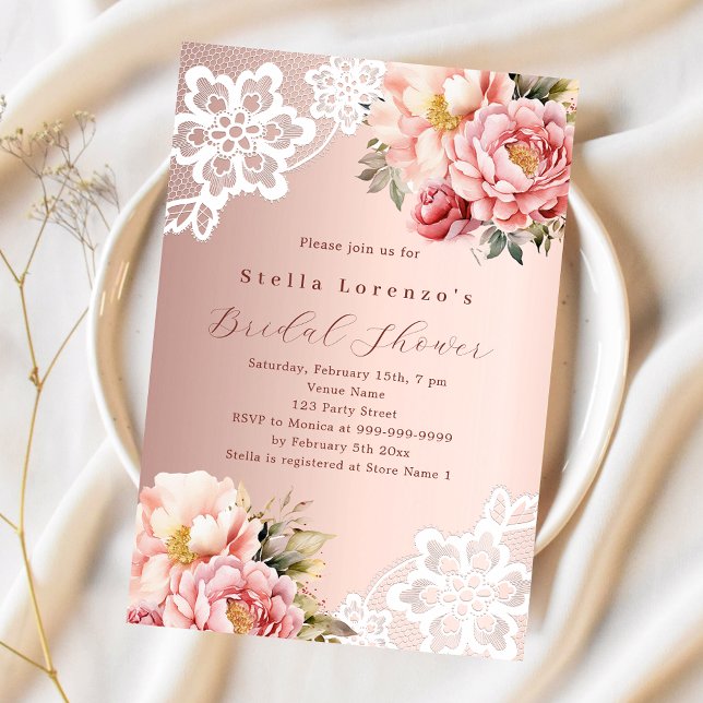 Rose gold-rosa florals lace BridShower Inbjudningar (Skapare uppladdad)