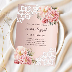 Rose gold-rosa florals lace elegant-födelsedag inbjudningar