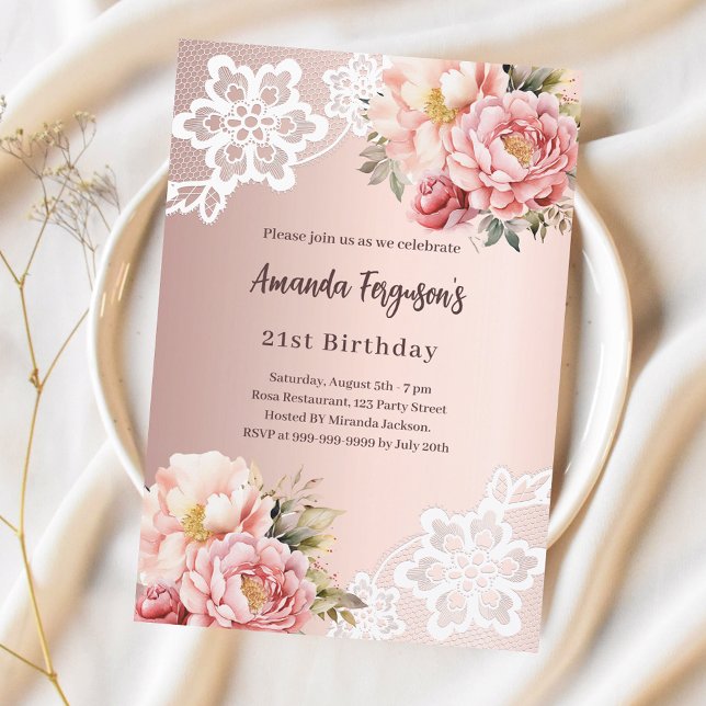Rose gold-rosa florals lace lyxfödelsedag inbjudningar (Skapare uppladdad)