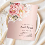 Rose gold-rosa floration lace-inbjudan<br><div class="desc">En elegant 21:a födelsedag för kvinnor. En guldgradient rosa bakgrund som dekorerats med rosa och rosa guld,  rosor och spetsar. Anpassa och lägg till information om namn och party. 1 lakan = 1 inbjudan tryckt kant till kant.</div>