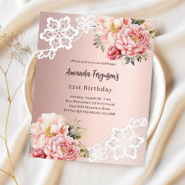 Rose gold-rosa floration lace-inbjudan