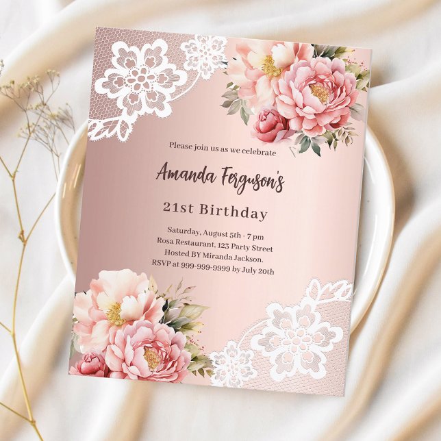 Rose gold-rosa floration lace-inbjudan (Skapare uppladdad)
