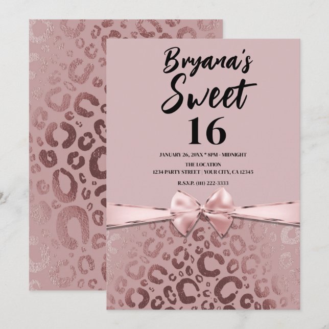 Rose Gold Rosa Glam Leopardtryck Sweet 16 Inbjudningar (Fram/baksida)