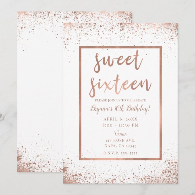 Rose Gold Rosa Glam Modern Chic Söt 16-årsfest Inbjudningar (Fram/baksida)