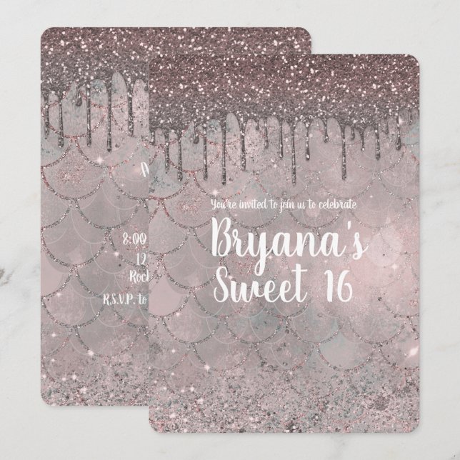 Rose Gold Rosa Glitter Drip Siren Söt 16 Födelseda Inbjudningar (Fram/baksida)
