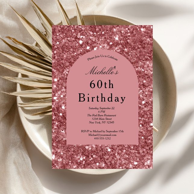 Rose Gold Rosa Glitter Glam Bling 60-årsfirande Inbjudningar (Rose Gold Pink Glitter 60th Birthday invitation for her. Glam Bling Sparkle. Printed or Digital)