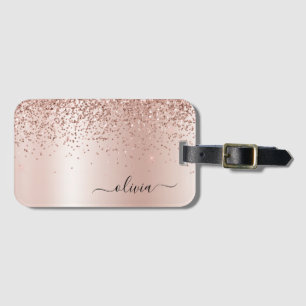 Rose Gold - Rosa Glitter Metall Monogram Namn Bagagebricka