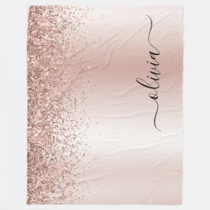 Rose Gold - Rosa Glitter Metall Monogram Namn Fleecefilt