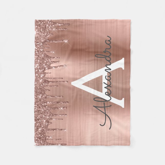 Rose Gold - Rosa Glitter Metall Monogram Namn Fleecefilt (Framsidan)