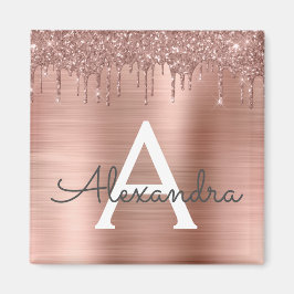 Rose Gold - Rosa Glitter Metall Monogram Namn Magnet
