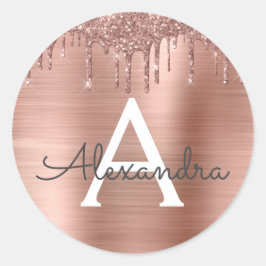 Rose Gold - Rosa Glitter Metall Monogram Namn Runt Klistermärke