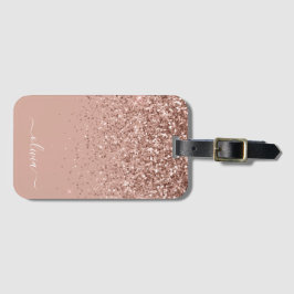 Rose Gold Rosa Glitter Monogram Bagagebricka