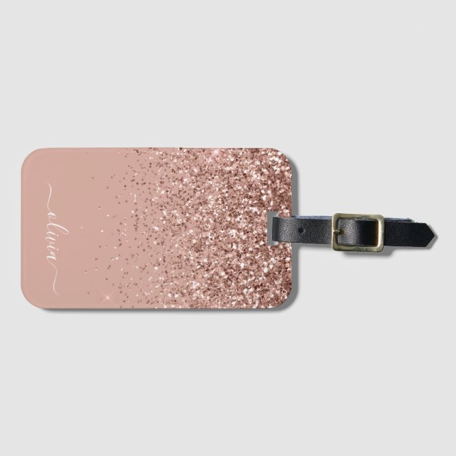 Rose Gold Rosa Glitter Monogram Bagagebricka (Framsida horisontal)