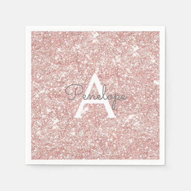 Rose Gold Rosa Glitter och Glitter Monogram Pappersservett (Framsidan)