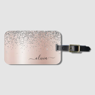 Rose Gold - Rosa Glitter Silver Monogram Bagagebricka