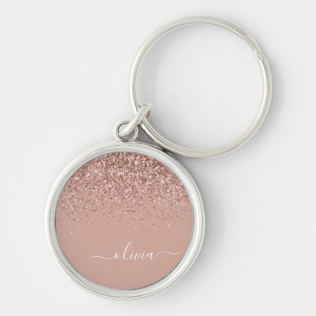 Rose Gold Rosa Glitter Skript Monogram Girly Rund Silverfärgad Nyckelring (Framsidan)