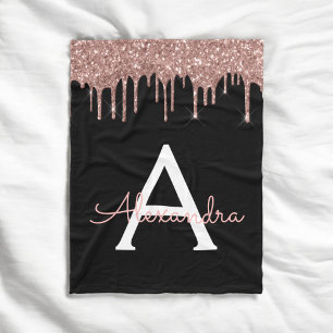 Rose Gold - Rosa Glitter Svart Monogram Fleecefilt