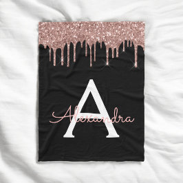 Rose Gold - Rosa glitter svart monogram Fleecefilt