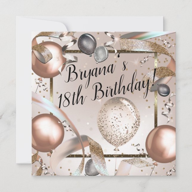 Rose Gold Rosa & Glittrande Ballonger Födelsedagsf Inbjudningar (Framsida)