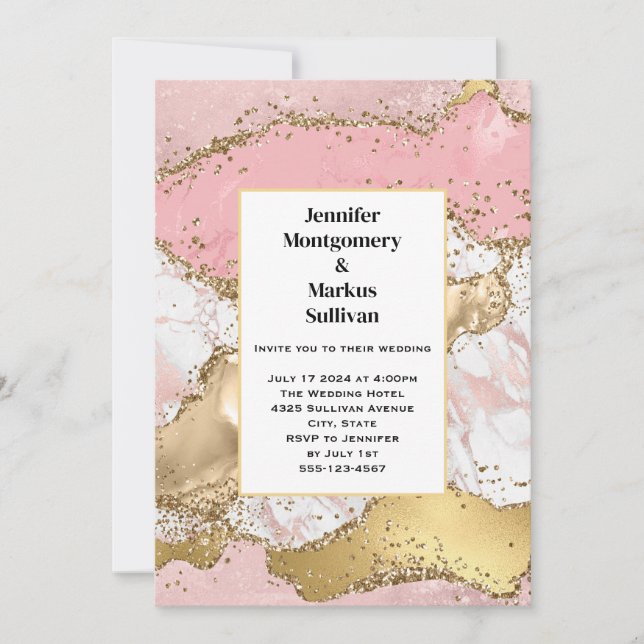 Rose Gold Rosa Marmor Abstrakt Bröllop Inbjudningar (Framsida)