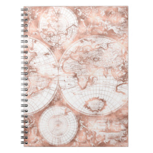 Rose Gold Rosa Metallglitter Antik Världskarta Anteckningsbok