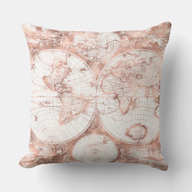 Rose Gold Rosa Metallglitter Antik Världskarta Kudde (Framsida)