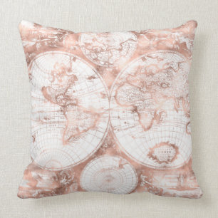 Rose Gold Rosa Metallglitter Antik Världskarta Kudde