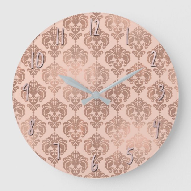 Rose Gold Rosa Modern Glam Damask Stor Klocka (Framsida)