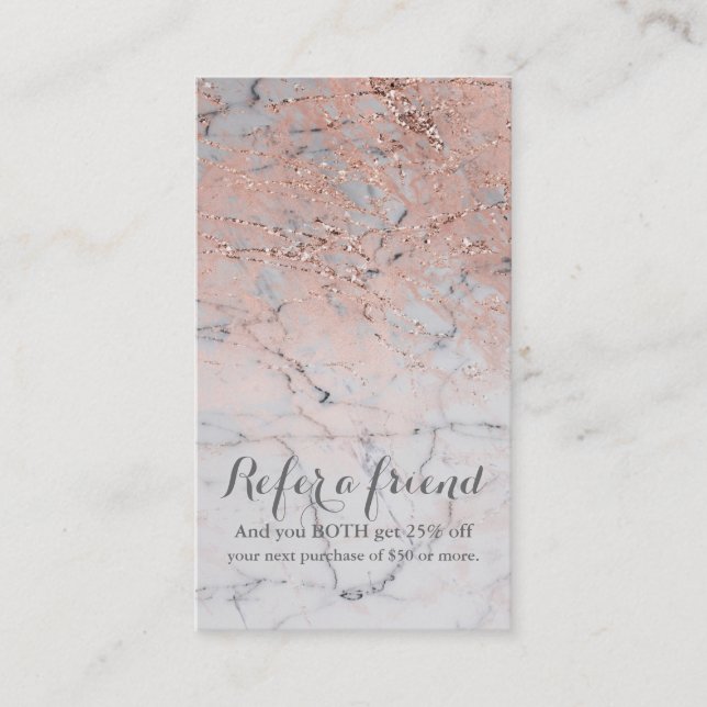Rose Gold Rosa Modern Marmor Glam Refera en vän Rabattkort (Framsida)