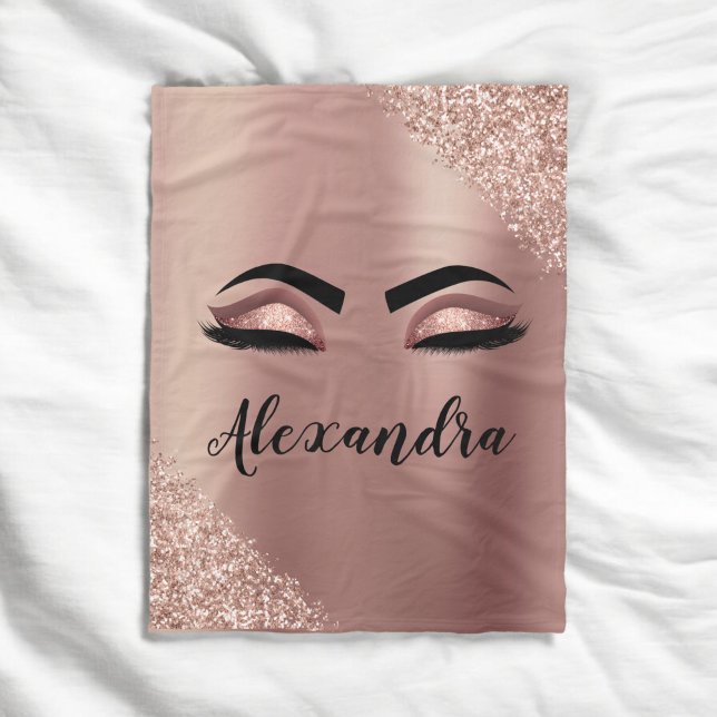 Rose Gold Rosa Monogram Glitter Ögonfransar Fleecefilt (Skapare uppladdad)