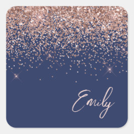 Rose Gold Rosa Navyblå Glitter Namn Fyrkantigt Klistermärke