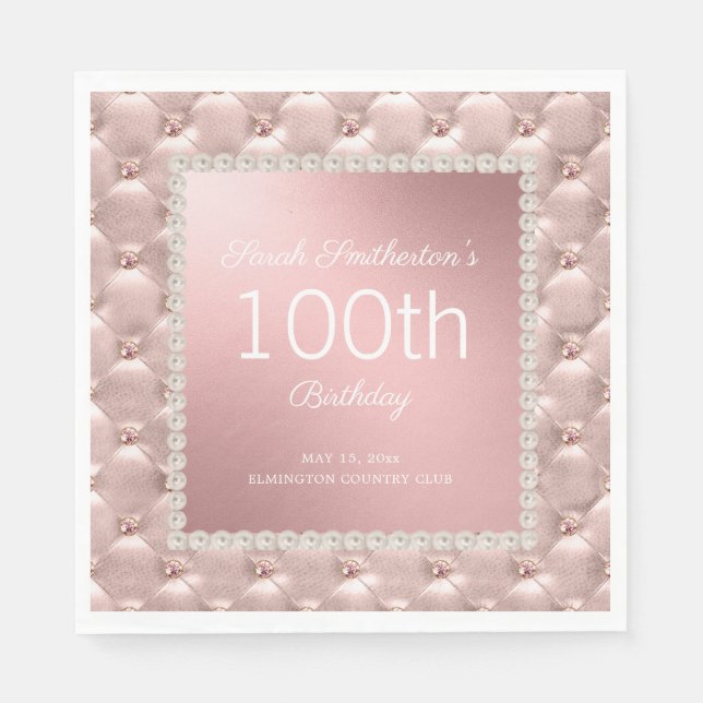 Rose Gold Rosa Pärlaftuffade 100-årsfirande Pappersservett (Framsidan)