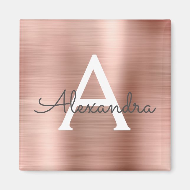 Rose Gold - Rosa Penslad Metall Monogram Namn Magnet (Framsidan)