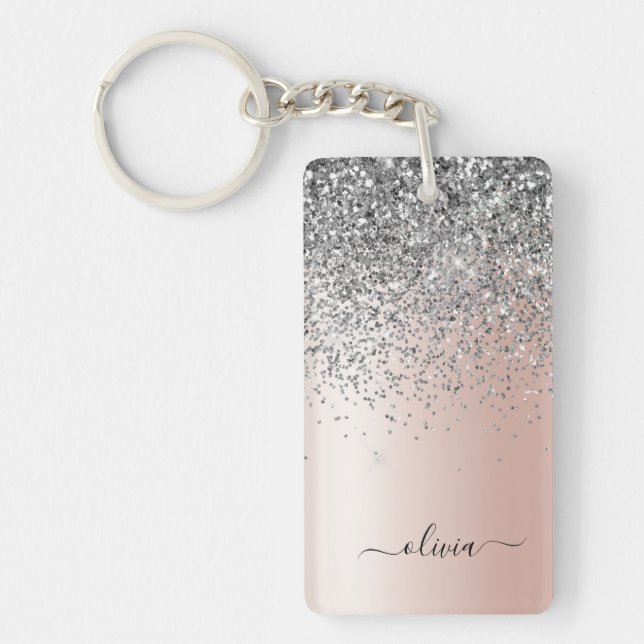 Rose Gold - Rosa Rosa Silver Glitter Monogram Nyckelring (Framsidan)