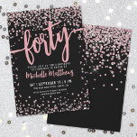 Rose Gold Rosa Svart 40-årsdag Inbjudningar<br><div class="desc">Vi introducerar en chic och festlig 40-års födelsedagsinbjudan, perfekt för att markera denna speciella milstolpe med stil. Den eleganta designen har en blandning av silverglittrande konfetti som ger en touch av kul och festlighet. Överst visas "Fyrtio" framträdande i fet kalligrafi, som sätter tonen för en oförglömlig fest. Texten kombinerar skrivstil...</div>