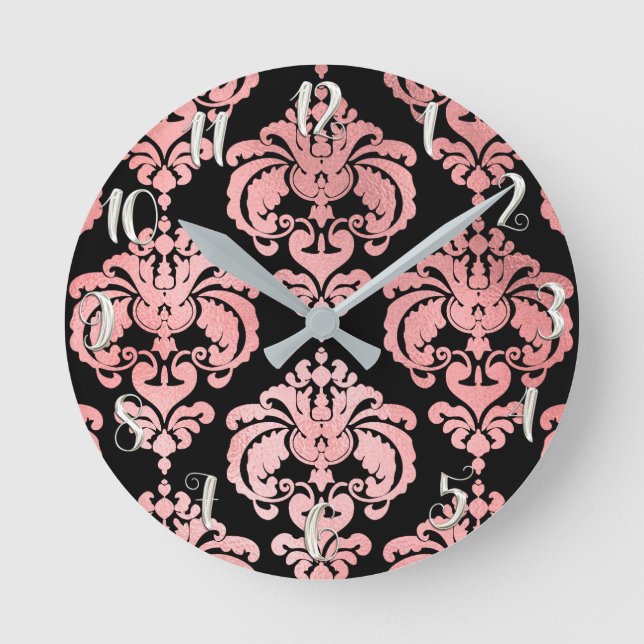 Rose Gold Rosa & Svart Damask Modern Personlig Rund Klocka (Framsida)