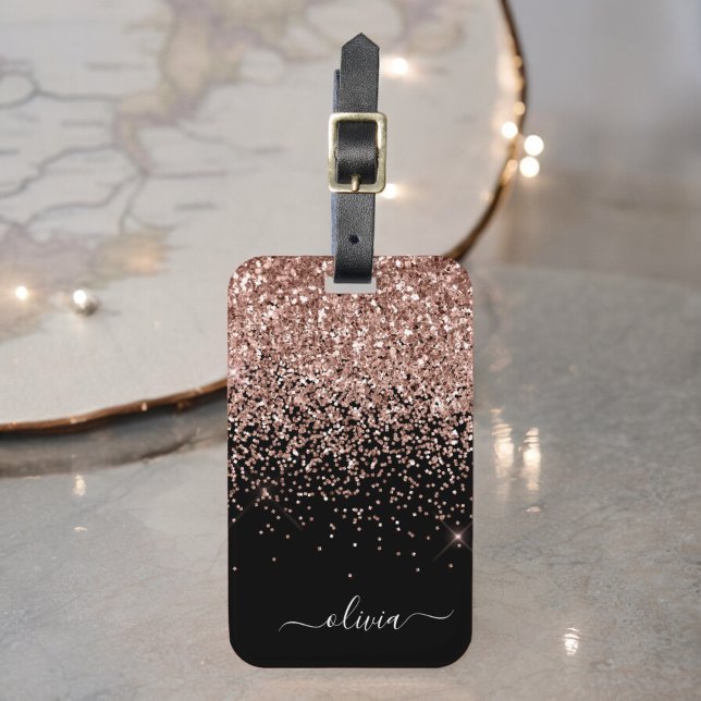 Rose Gold Rosa Svart Girlly Glitter Monogram Bagagebricka (Skapare uppladdad)