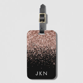 Rose Gold Rosa Svart Glitter Monogram Bagagebricka