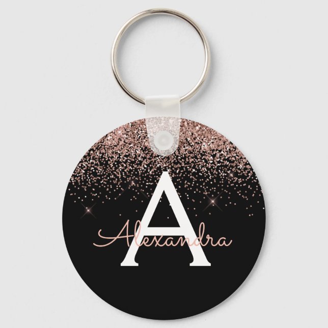 Rose Gold Rosa Svart Glitter Monogram Nyckelring (Framsida)
