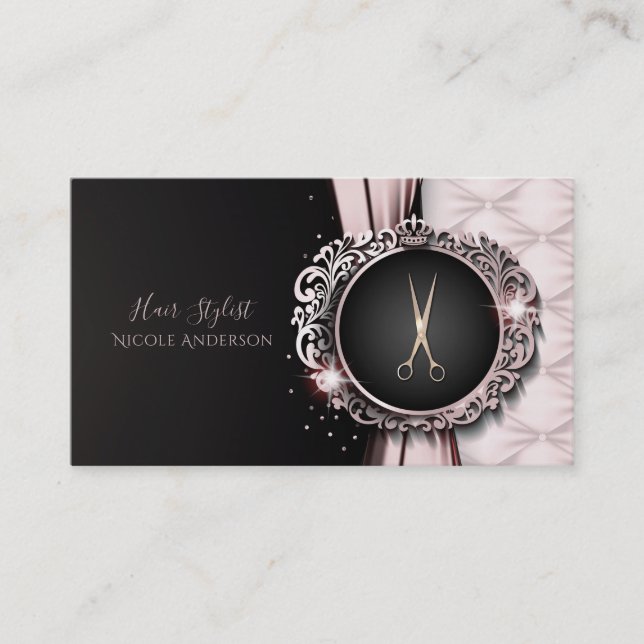 Rose Gold Rosa & Svart Lyx Frisörsalong Visitkort (Framsida)