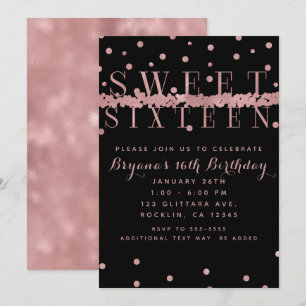 Rose Gold Rosa & Svart Modern Glam Söt 16 Födelsed Inbjudningar