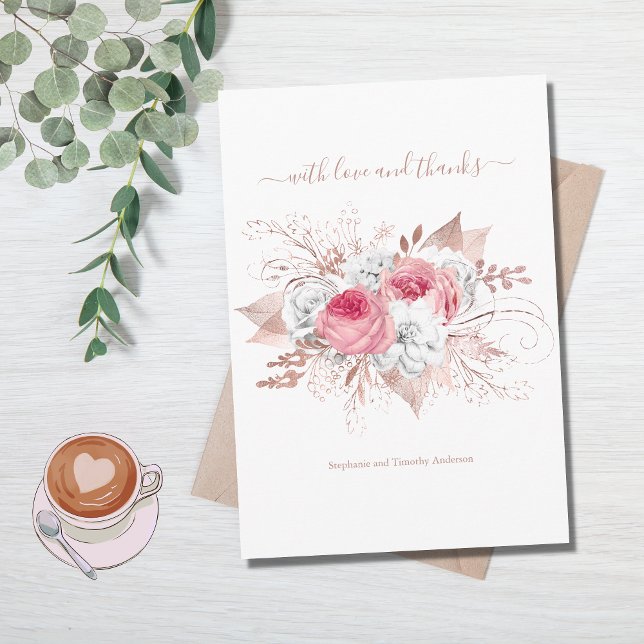 Rose Gold Rosa Vitt Akvarell Blommig Bröllop  Tack Kort (Skapare uppladdad)