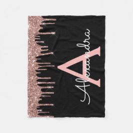 Rose Gold - Rosabrändröd Svart Glitter Monogram Na Fleecefilt